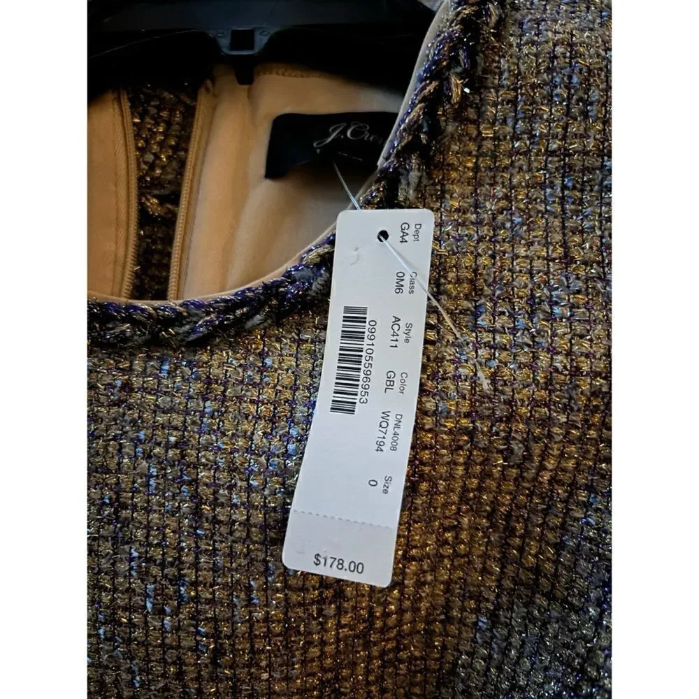 J. Crew Sheath Dress in Gold Blue Twinkle Tweed Size 0 / NWT